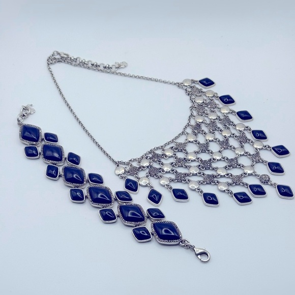 Vintage Lucky Brand SilverTone Bib Necklace Blue Dangle Gems Matching Bracelet - Picture 4 of 5
